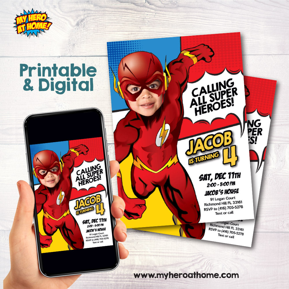 New Flash photo invitation, Flash calling all superheroes invitation with photo, The Flash multiverse template. 693IN