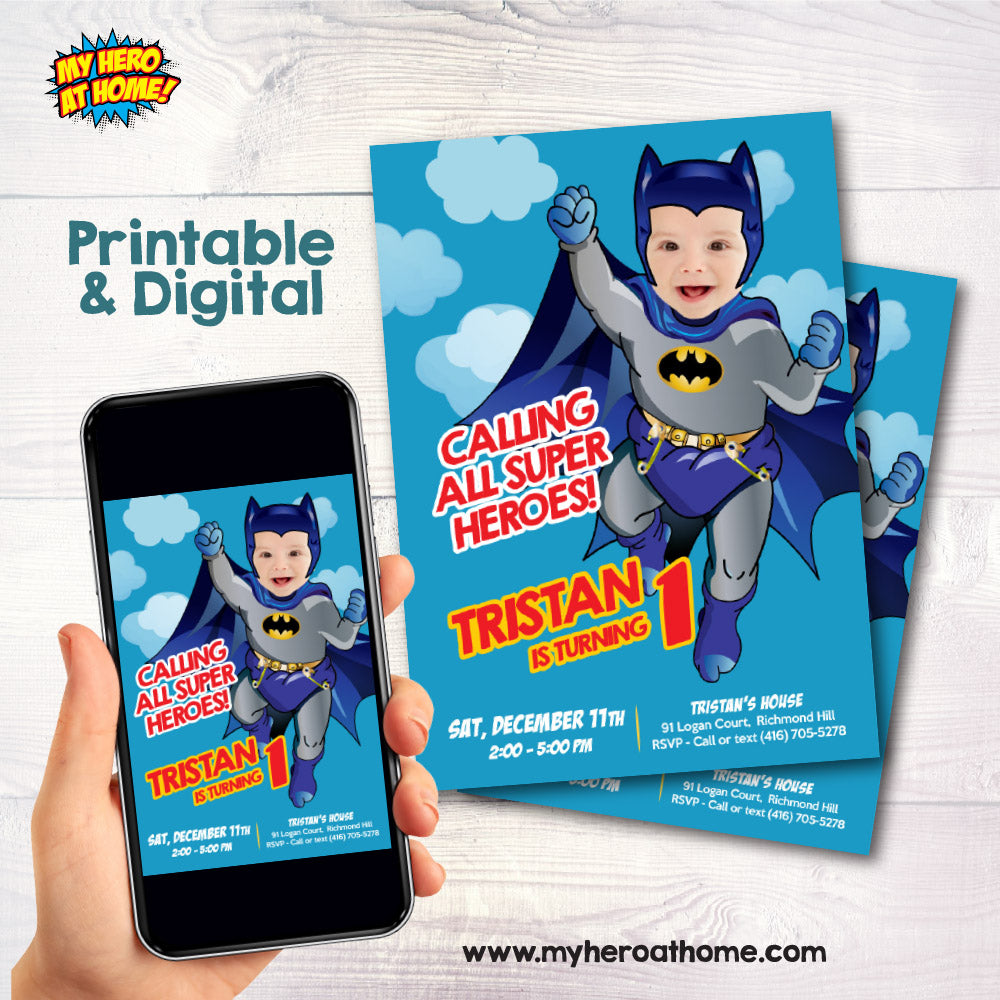Baby Batman Invitation with photo, Baby Batman Party template, Batman 1st Birthday invite. 694IN