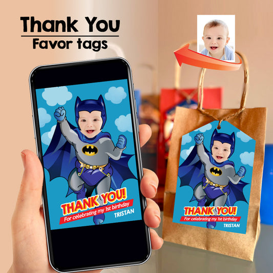 Baby Batman Thank you card with your photo, Personalized Baby Batman party favors tags. 694TY