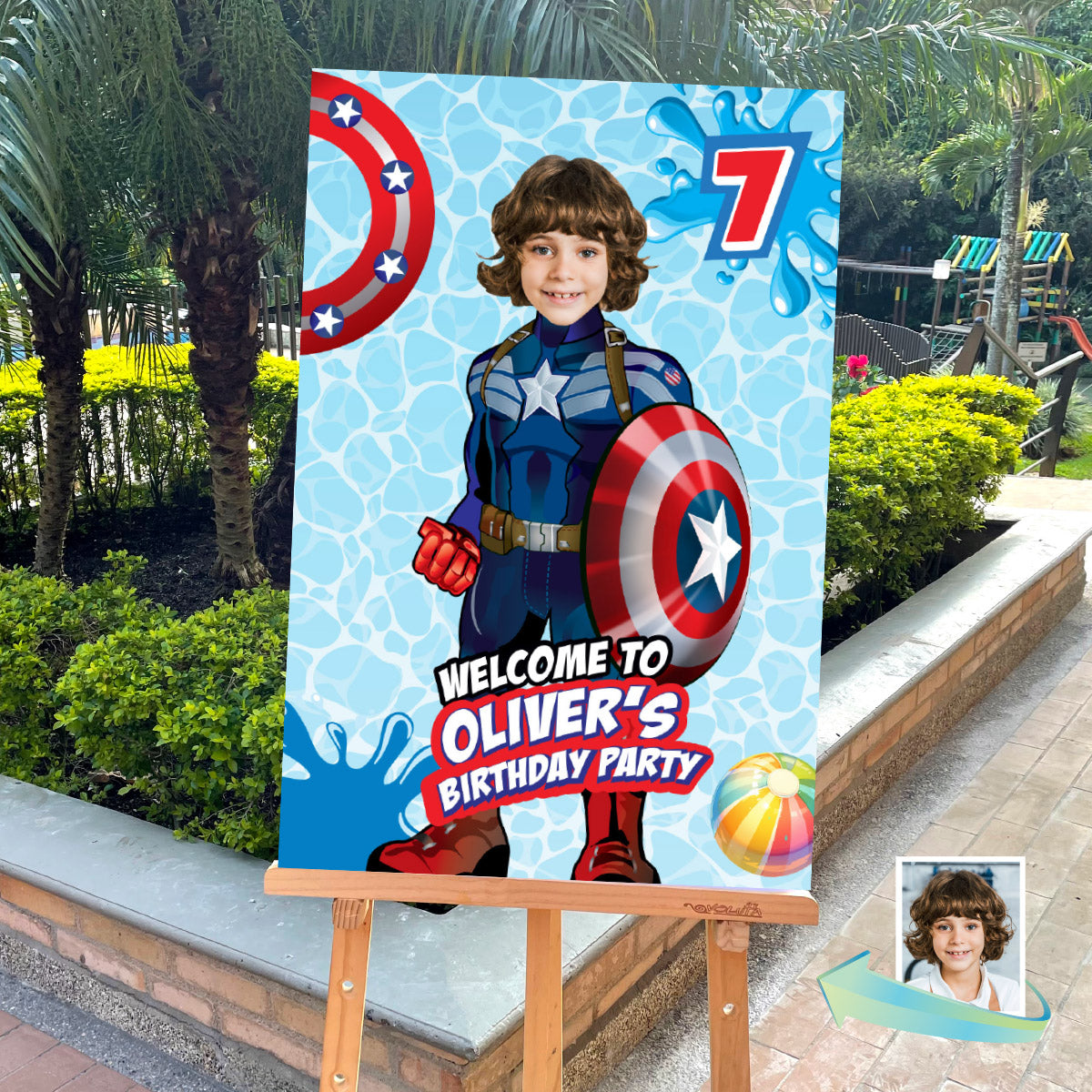 Captain America Pool Party Welcome Sign With Photo, Capt America Splash party Entrance. 697WS