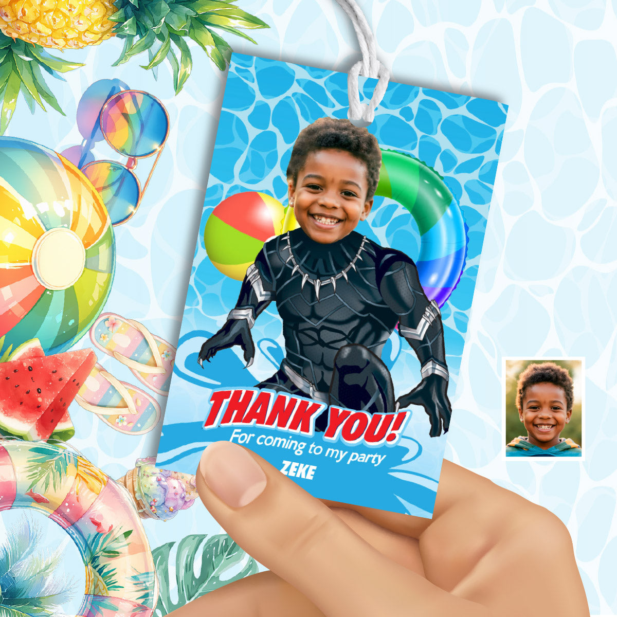 Custom Black Panther Pool Party Thank You card and tags with photo. 707TY