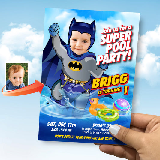Baby Batman Pool Party invitation with your baby as the star, Batman Splash Party, Baby Batman photo Invite. 728IN