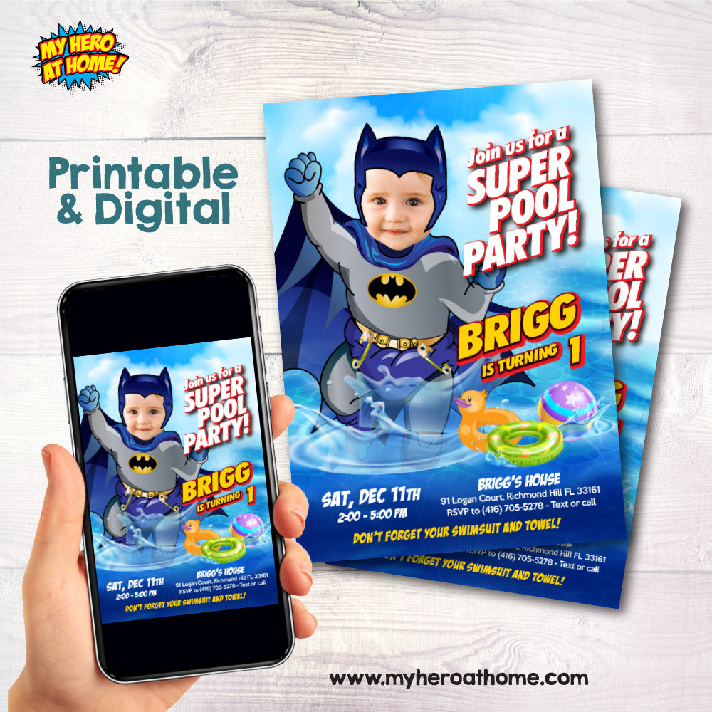 Baby Batman Pool Party invitation with your baby as the star, Batman Splash Party, Baby Batman photo Invite. 728IN