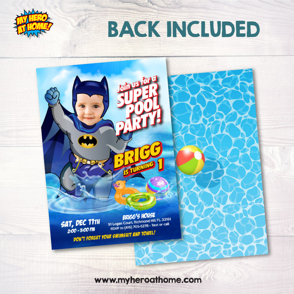 Baby Batman Pool Party invitation with your baby as the star, Batman Splash Party, Baby Batman photo Invite. 728IN