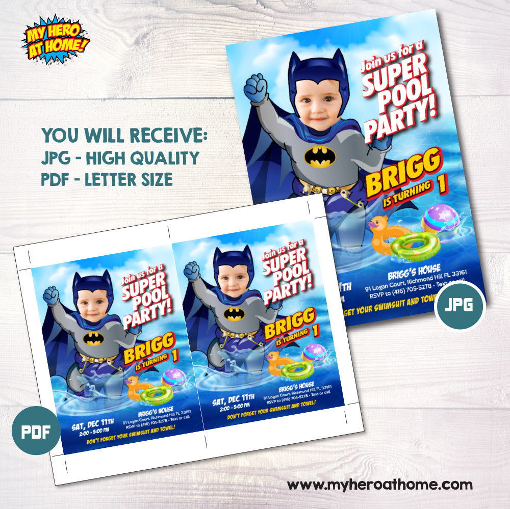 Baby Batman Pool Party invitation with your baby as the star, Batman Splash Party, Baby Batman photo Invite. 728IN