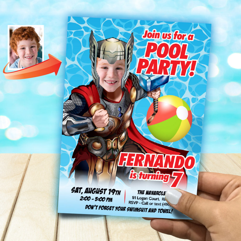 Thor Pool Party Invitation template, Thor swap face party Invitation, Pool Party Thor template. 857IN