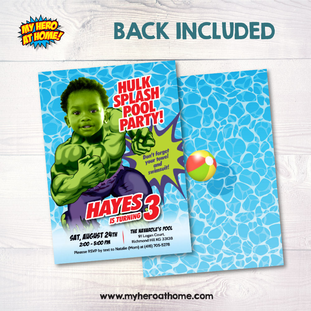 Hulk Splash Pool Party Invitation with photo, Custom Hulk Splash Party template, Hulk Water slide birthday invitation. 858