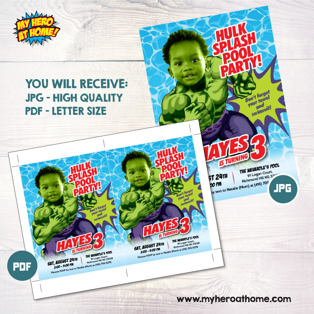 Hulk Splash Pool Party Invitation with photo, Custom Hulk Splash Party template, Hulk Water slide birthday invitation. 858