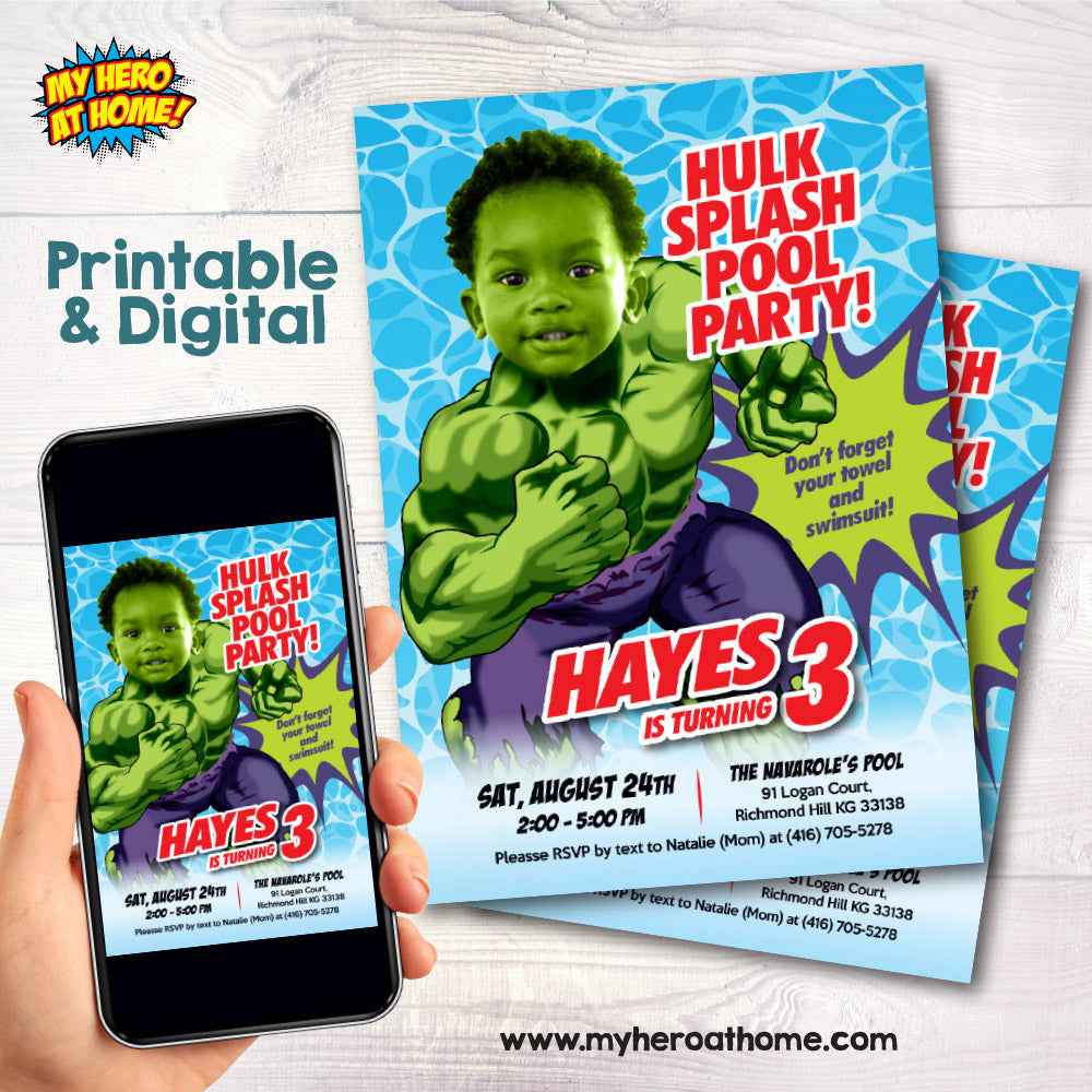 Hulk Splash Pool Party Invitation with photo, Custom Hulk Splash Party template, Hulk Water slide birthday invitation. 858