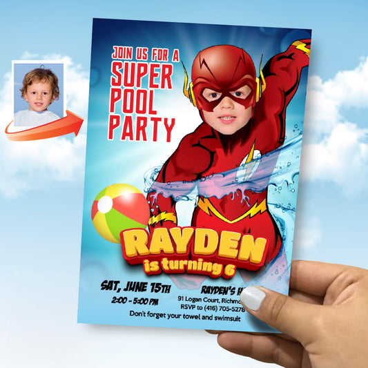 Flash pool party template with photo, Flash Water Slide birthday Invite, Flash Splash party invitation. 864IN