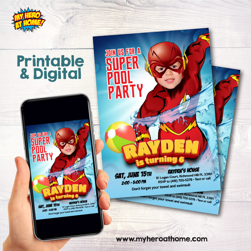 Flash pool party template with photo, Flash Water Slide birthday Invite, Flash Splash party invitation. 864IN
