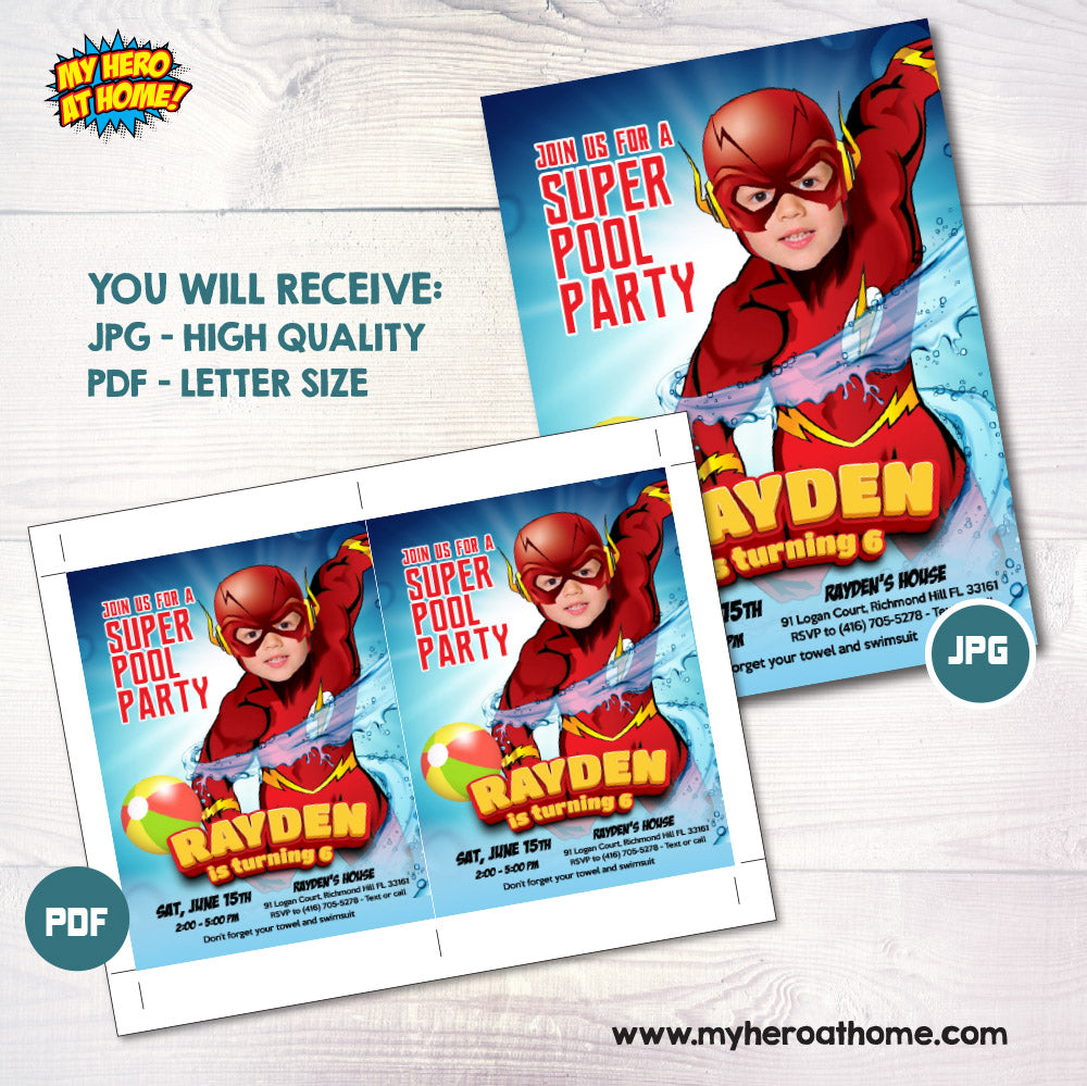 Flash pool party template with photo, Flash Water Slide birthday Invite, Flash Splash party invitation. 864IN