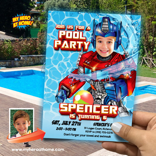Optimus Prime Pool Party Invitation with photo, Transformers Splash Party, Autobots splash party. 898