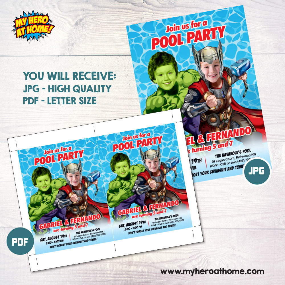 Thor and Hulk Pool Party Birthday Invitation, Siblings superheroes Splash template. 937IN
