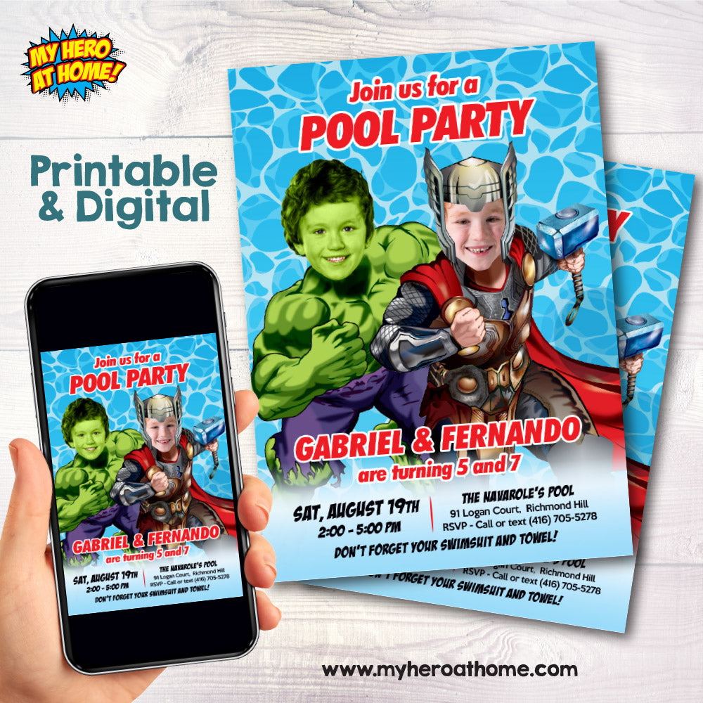 Thor and Hulk Pool Party Birthday Invitation, Siblings superheroes Splash template. 937IN