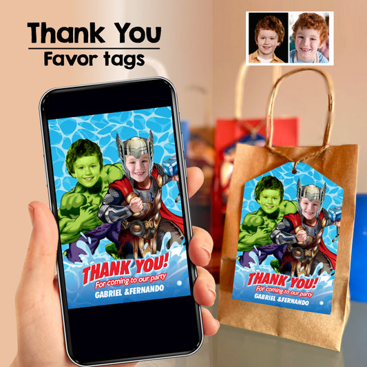 Joint Pool Party Thor and Hulk thank you with photos, Thor Hulk Favor Tags, Printable in 3 sizes. 937TY