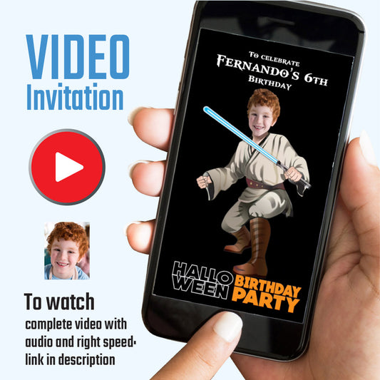Jedi Birthday Halloween Party Video invitation with your kid as the star, Halloween Star Wars party video invite. 961V