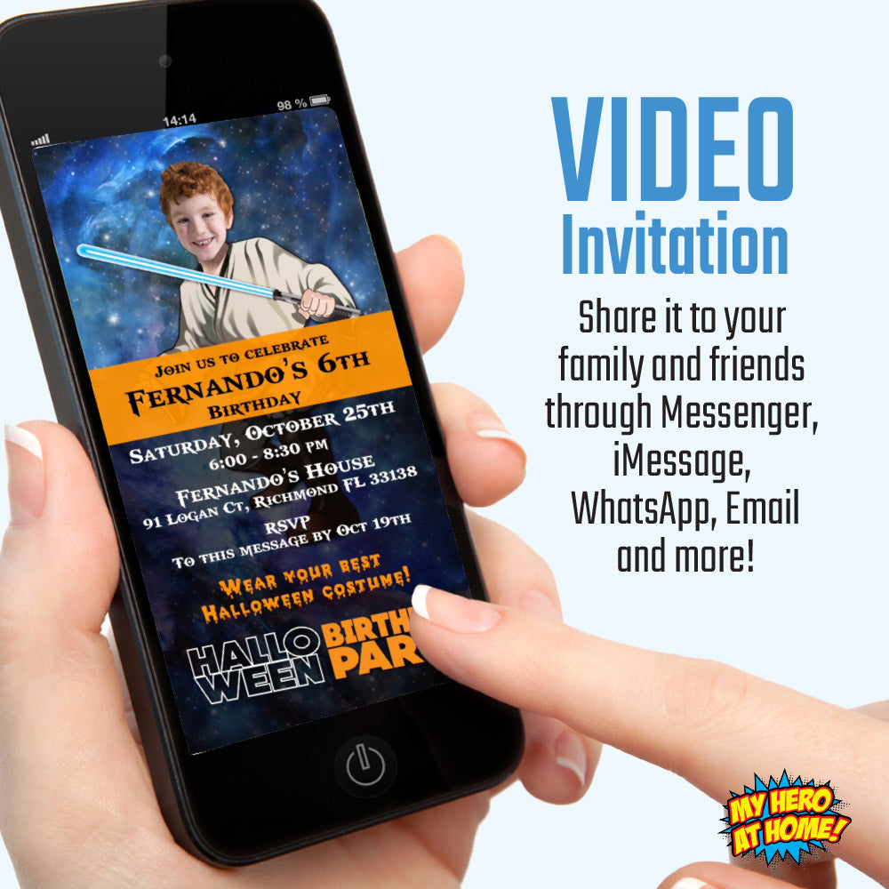 Jedi Birthday Halloween Party Video invitation with your kid as the star, Halloween Star Wars party video invite. 961V