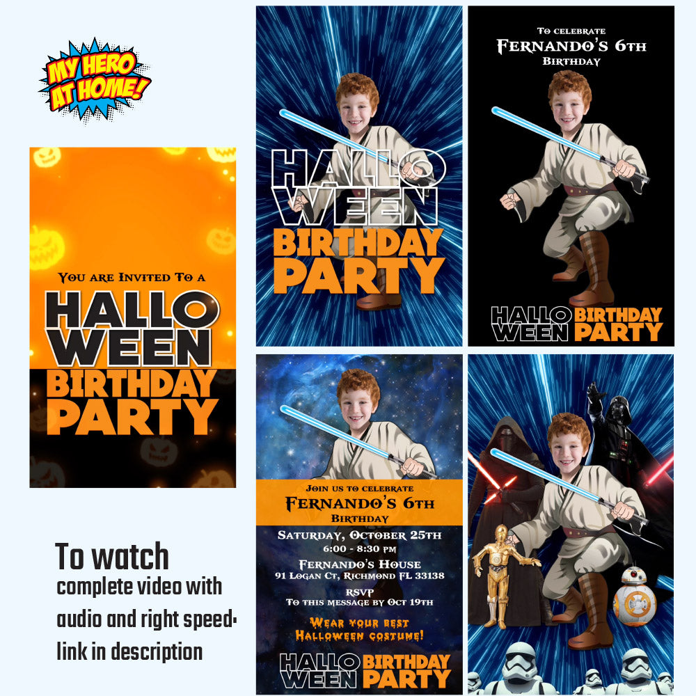 Jedi Birthday Halloween Party Video invitation with your kid as the star, Halloween Star Wars party video invite. 961V