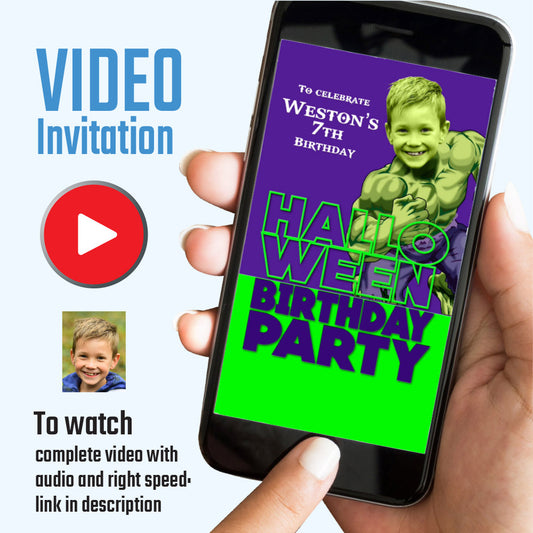 Hulk Halloween Birthday party video Invitation with your kid as Hulk, Superhero halloween video invite. (Share digitally). 962V