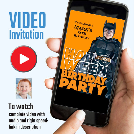 Batman Halloween Birthday party video Invitation with your kid as Batman, Superhero halloween video invite. 975V