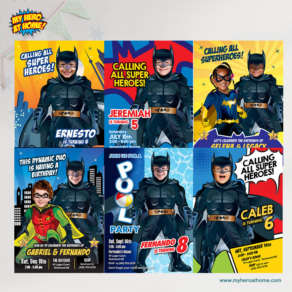 Custom Batman Pool Party birthday Invitation with kid as Batman, Batman Splash invite. 2451IN