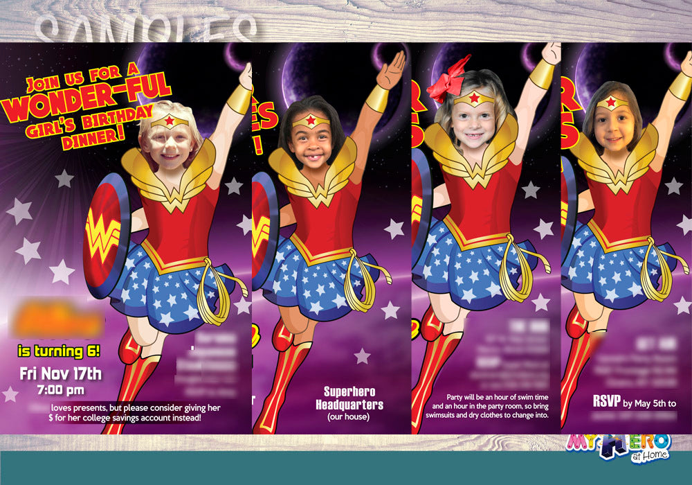 Wonder Girl party invitation with girl as Wonder Woman, Custom Wonder Woman photo invite, Wonder Girl template. 2303IN