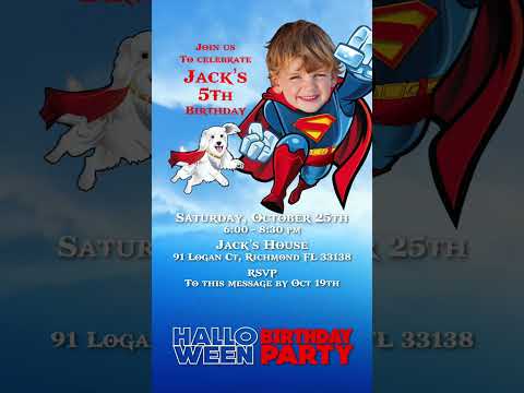 Superman Halloween Birthday party video Invitation with your kid as the star, Halloween Superkid video invite. 2376V