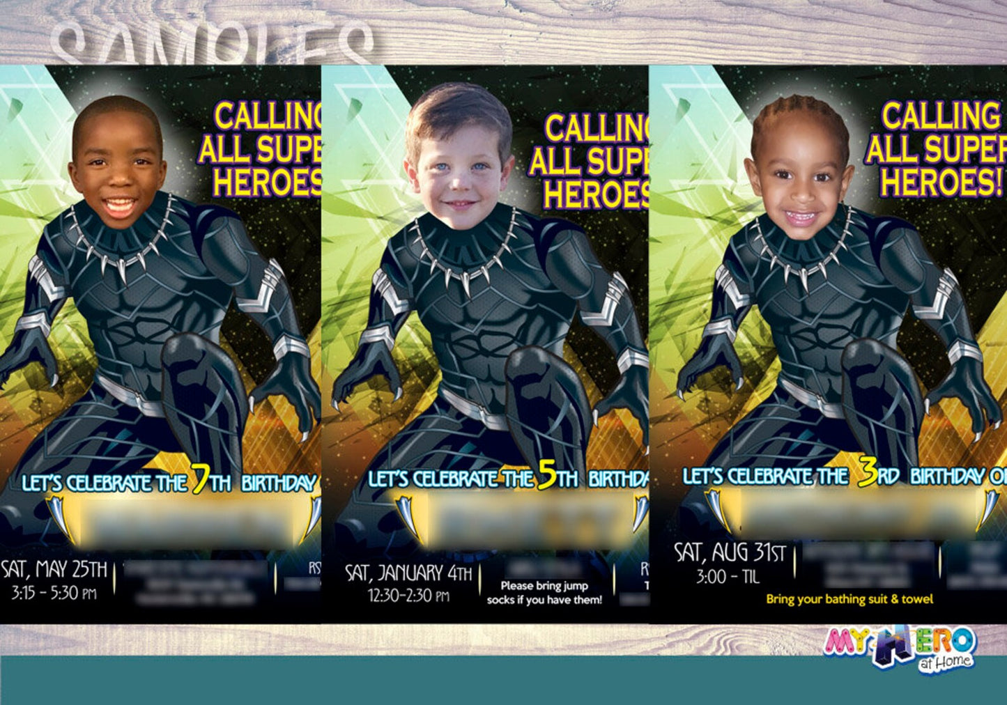 Personalized Black Panther Party Invitation, Invitacion Fiesta Pantera Negra con foto de niño como protagonista. 160IN