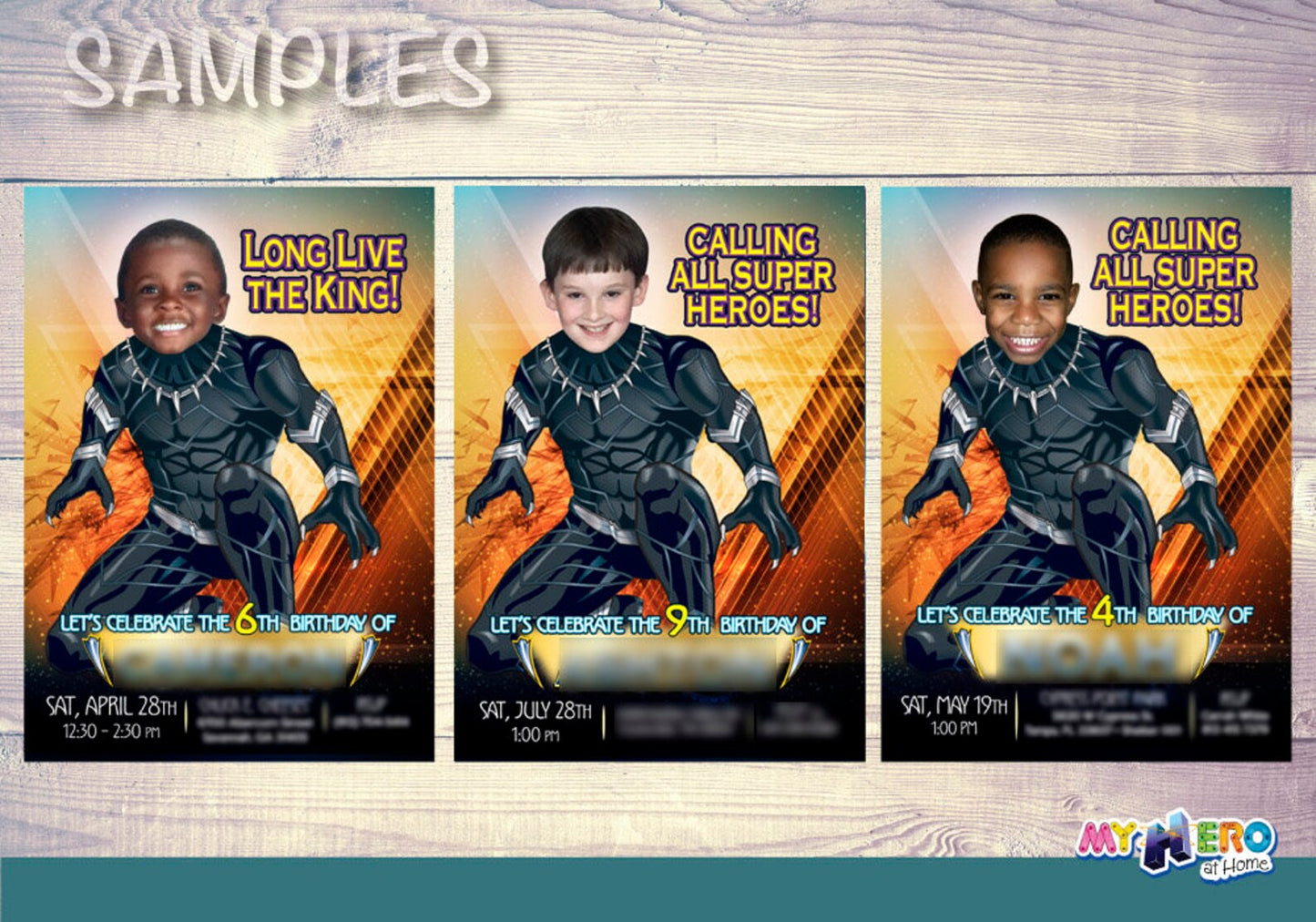 Personalized Black Panther Party Invitation, Invitacion Fiesta Pantera Negra con foto de niño como protagonista. 160IN