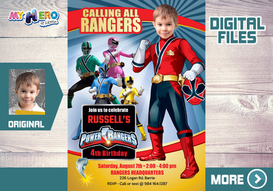 Power Rangers Birthday party Invitation with your child as his favorite Ranger, Red Ranger invite. 001