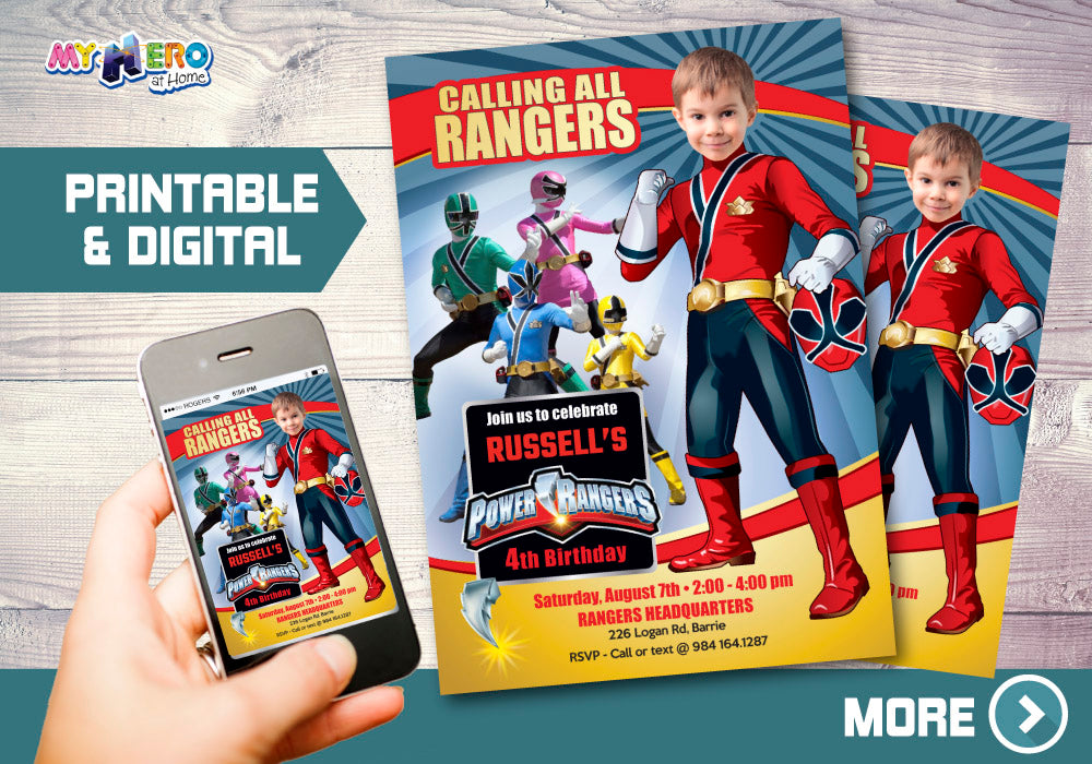 Power Rangers Birthday party Invitation with your child as his favorite Ranger, Red Ranger invite. 001