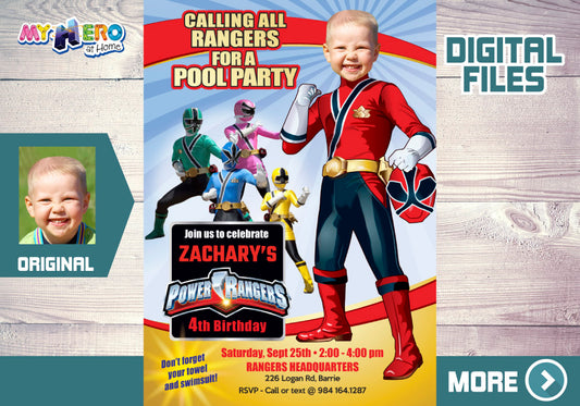 Power Rangers Pool Party Invitation with your kid as the Red Power Ranger. 001P