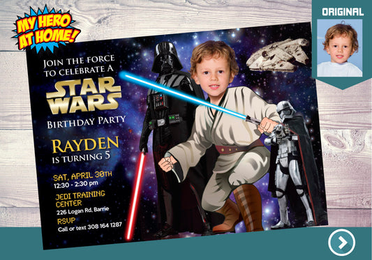 Star Wars Birthday Invitation with your kid as Obi-Wan, Jedi training party invitation, Jedi photo Invitation. 005IN