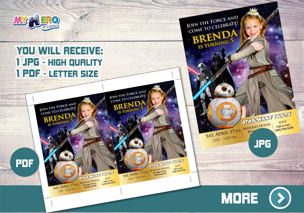Jedi Rey birthday Invitation, Jedi Rey Party invitation, Jedi Rey digital, Jedi Rey themed party, Girl Star Wars birthday. 006