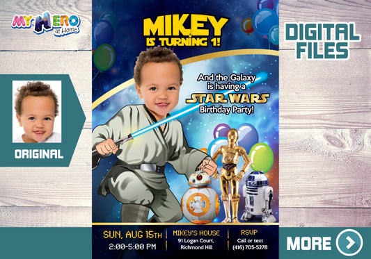 Baby Jedi 1st Birthday Invitation with baby’s photo, Star Wars 1st Birthday template. 017