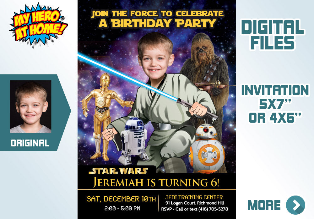 Jedi Birthday Invitation, Star Wars theme Party, Jedi Digital Invitation, Jedi Thank You, Jedi party favors, Star Wars Invitation. 018V