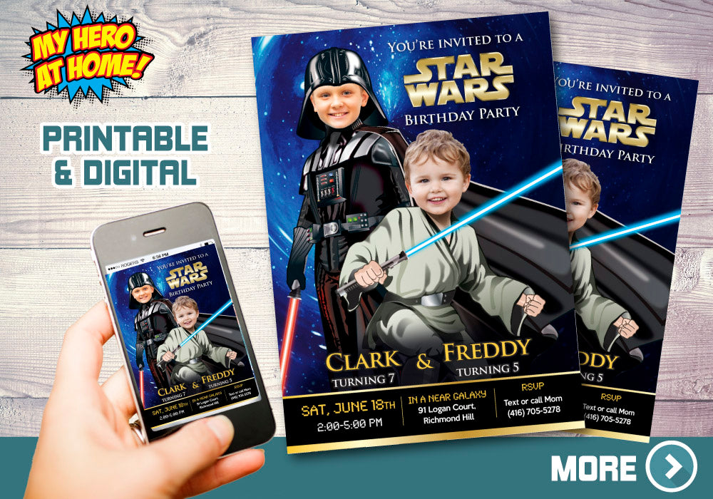 Darth Vader and Jedi invitation, Star Wars Siblings Party, Darth Vader and Jedi theme party, Joint Star Wars thank you card. 027C