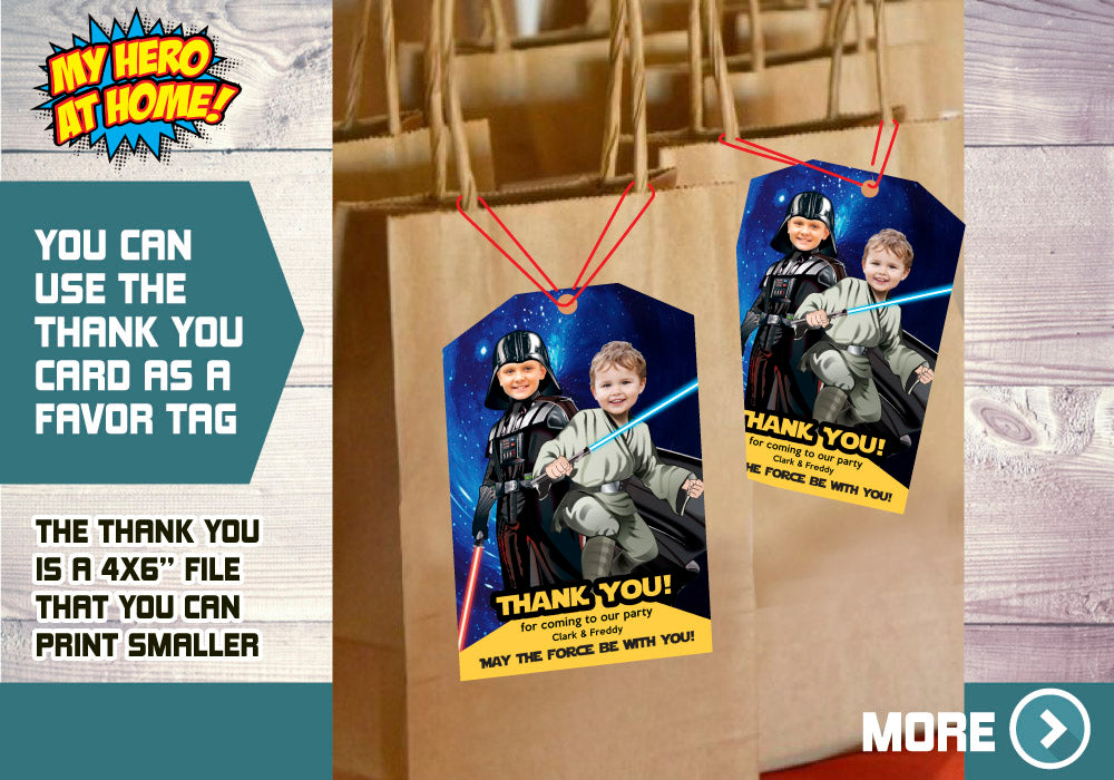 Darth Vader and Jedi invitation, Star Wars Siblings Party, Darth Vader and Jedi theme party, Joint Star Wars thank you card. 027C