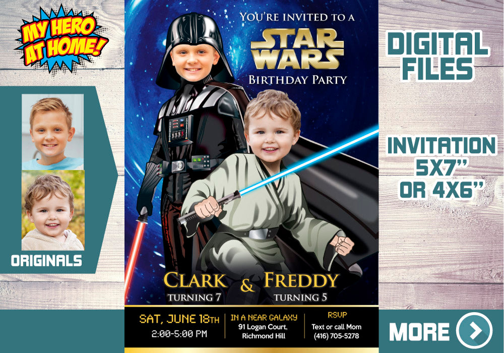 Darth Vader and Jedi invitation, Star Wars Siblings Party, Darth Vader and Jedi theme party, Joint Star Wars thank you card. 027C