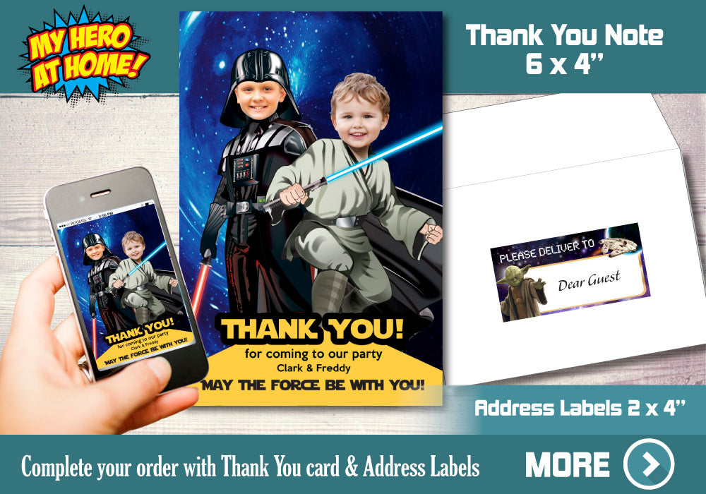 Darth Vader and Jedi invitation, Star Wars Siblings Party, Darth Vader and Jedi theme party, Joint Star Wars thank you card. 027C