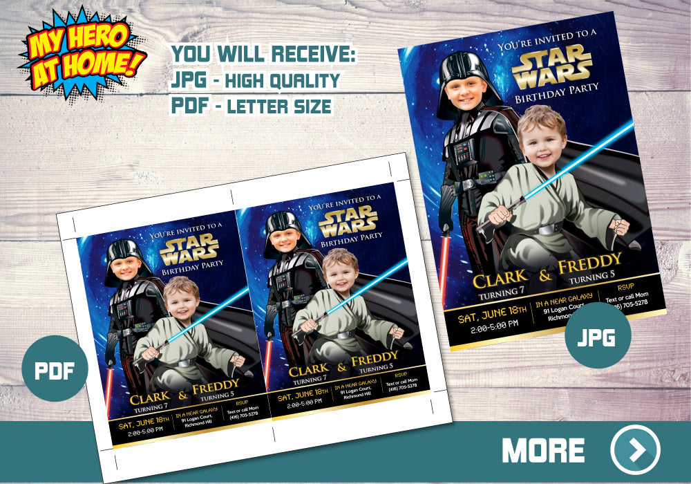 Darth Vader and Jedi invitation, Star Wars Siblings Party, Darth Vader and Jedi theme party, Joint Star Wars thank you card. 027C