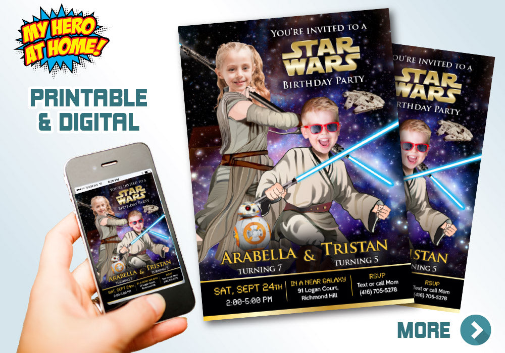 Star Wars Siblings Invitation, Joint Star Wars Birthday, Luke Skywalker and Jedi Rey Party, Jedi boy and girl bday invitation. 028V