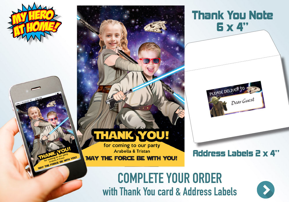 Star Wars Siblings Invitation, Joint Star Wars Birthday, Luke Skywalker and Jedi Rey Party, Jedi boy and girl bday invitation. 028V