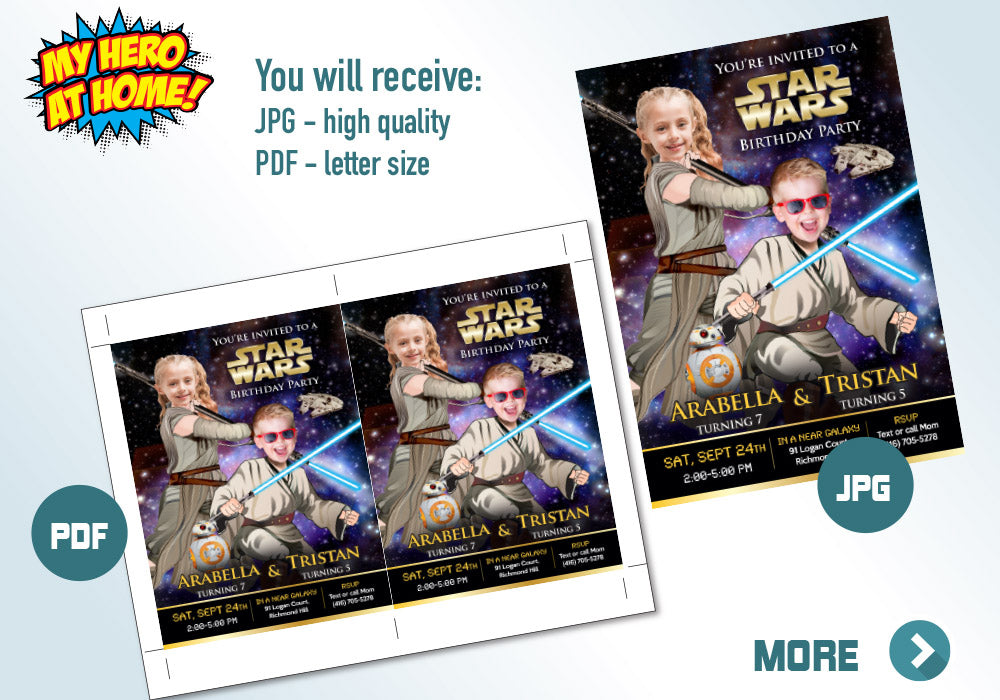 Star Wars Siblings Invitation, Joint Star Wars Birthday, Luke Skywalker and Jedi Rey Party, Jedi boy and girl bday invitation. 028V