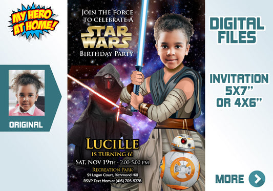Jedi Rey birthday photo invitation, Girl Star Wars Party invitation, Jedi Rey theme party. 038