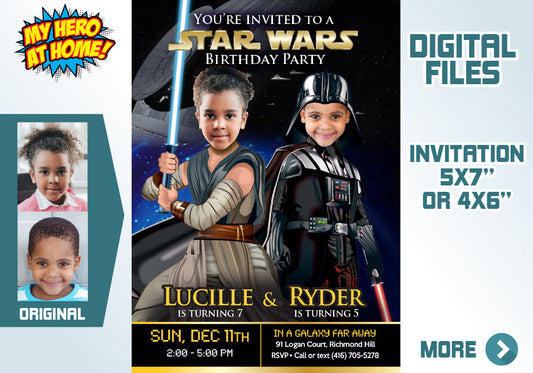 Darth Vader and Jedi Rey birthday invitation with your photos, Star Wars Siblings evite. 040