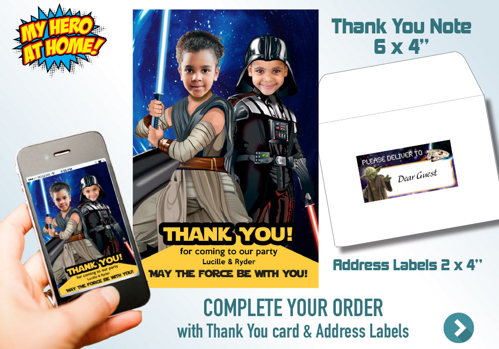 Custom Darth Vader and Jedi Rey birthday invitation, Joint Star Wars Invitation, Star Wars Siblings Invitation, Joint Star Wars favors. 040C
