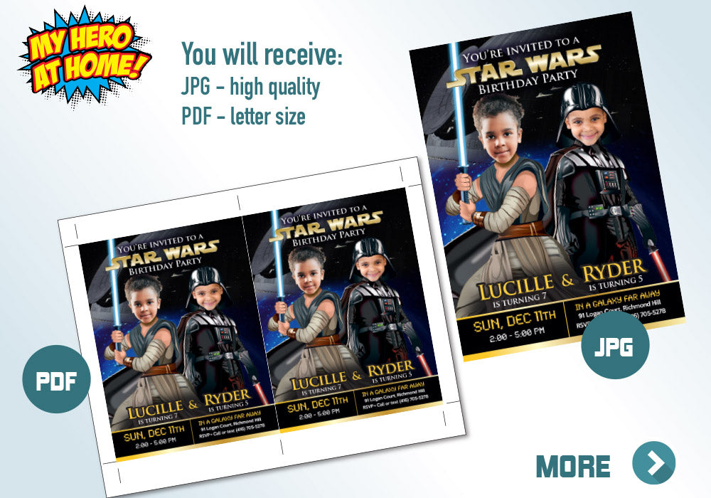 Custom Darth Vader and Jedi Rey birthday invitation, Joint Star Wars Invitation, Star Wars Siblings Invitation, Joint Star Wars favors. 040C