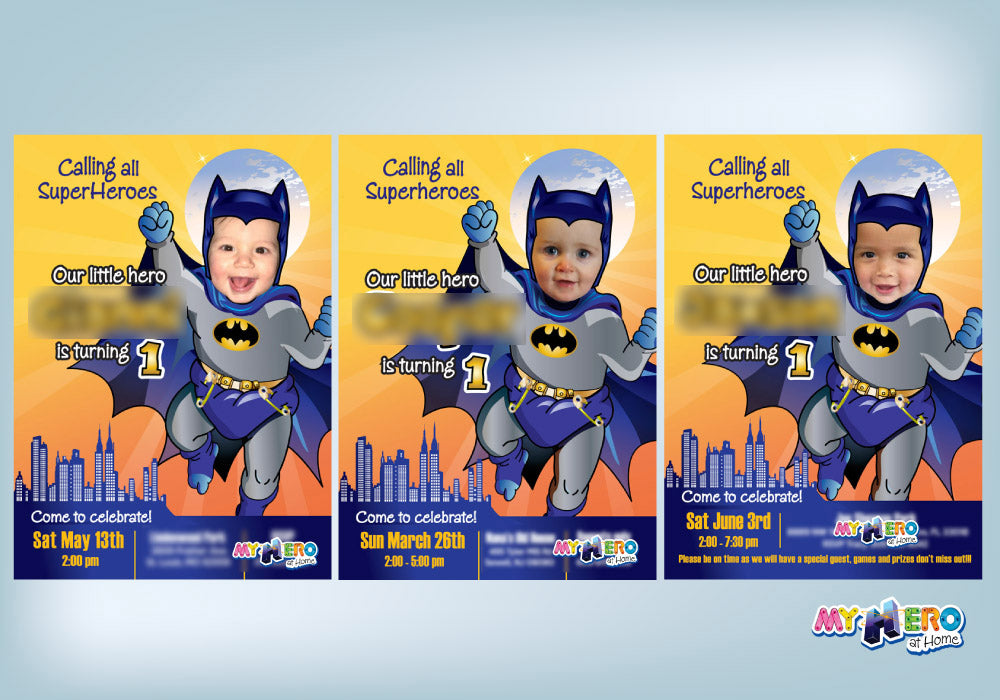 Batman 1st Birthday Invitation with your baby as Baby Batman, Batman 1st invite. 060